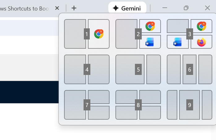 A screenshot of Windows Snap layouts, whoing the different available layouts for apps and windows.