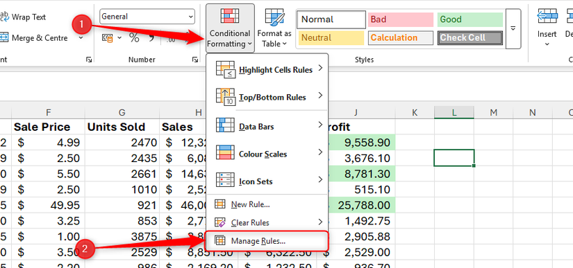 xcel Home tab with the Conditional Formatting drop-down open and Manage Rules highlighted.
