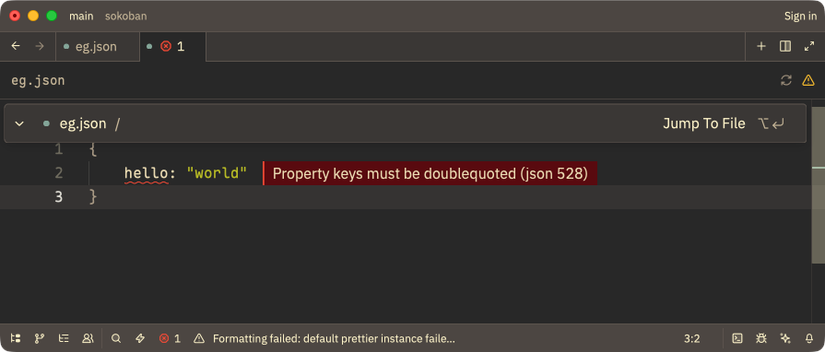 The Zed editor showing a malformed JSON file with an error reading "Property keys must be doublequoted."
