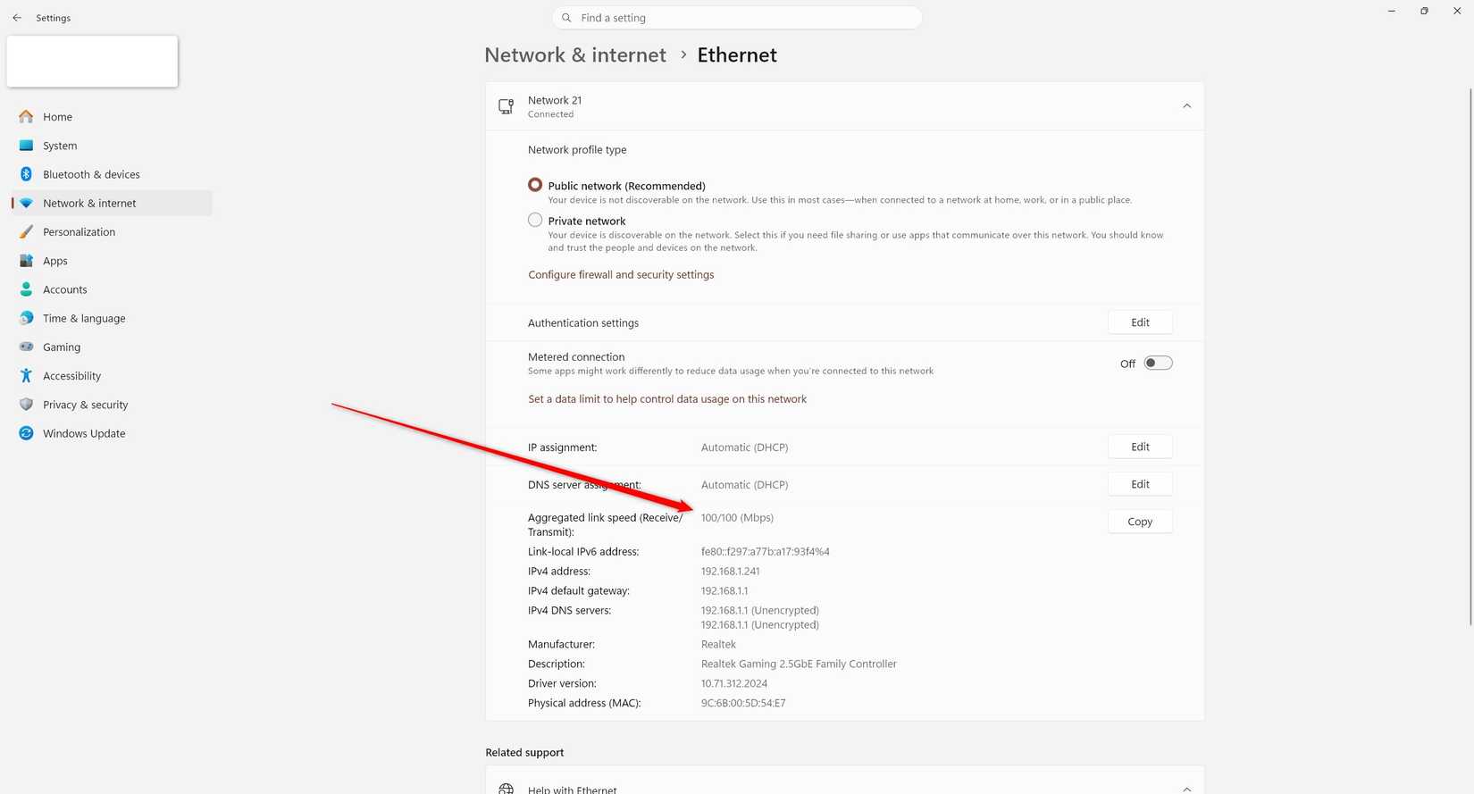 The Ethernet settings in Windows 11 showing 100Mbps Ethernet speeds.