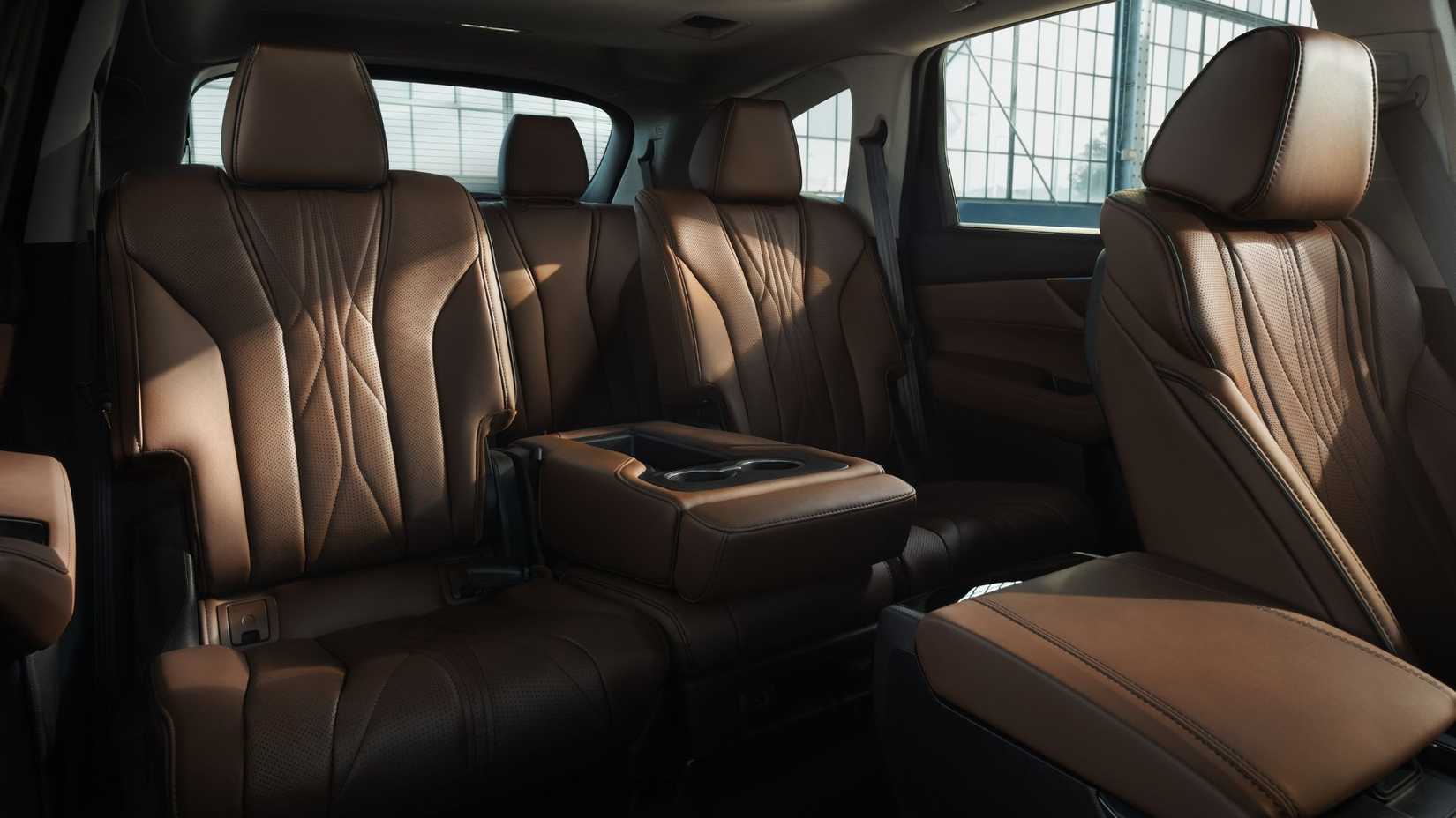 Shot of inside the cabin of a 2025 Acura MDX with Advance Package, showing the tan leather interior.
