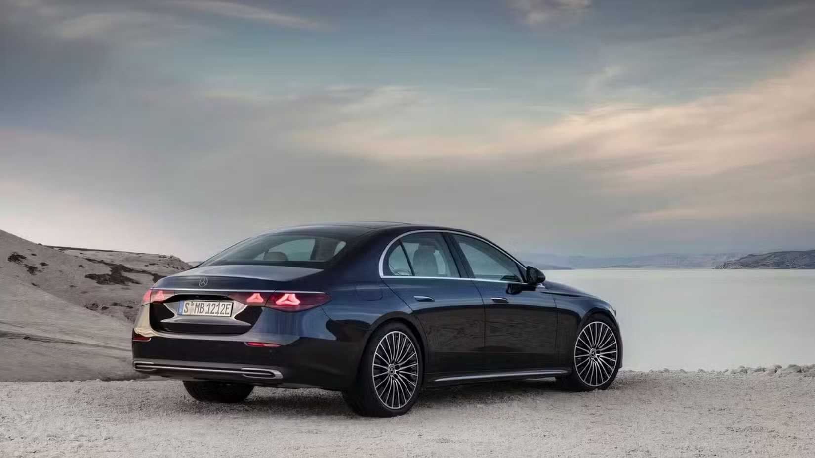 Static rear 3/4 shot of a 2026 Mercedes-Benz E-Class.