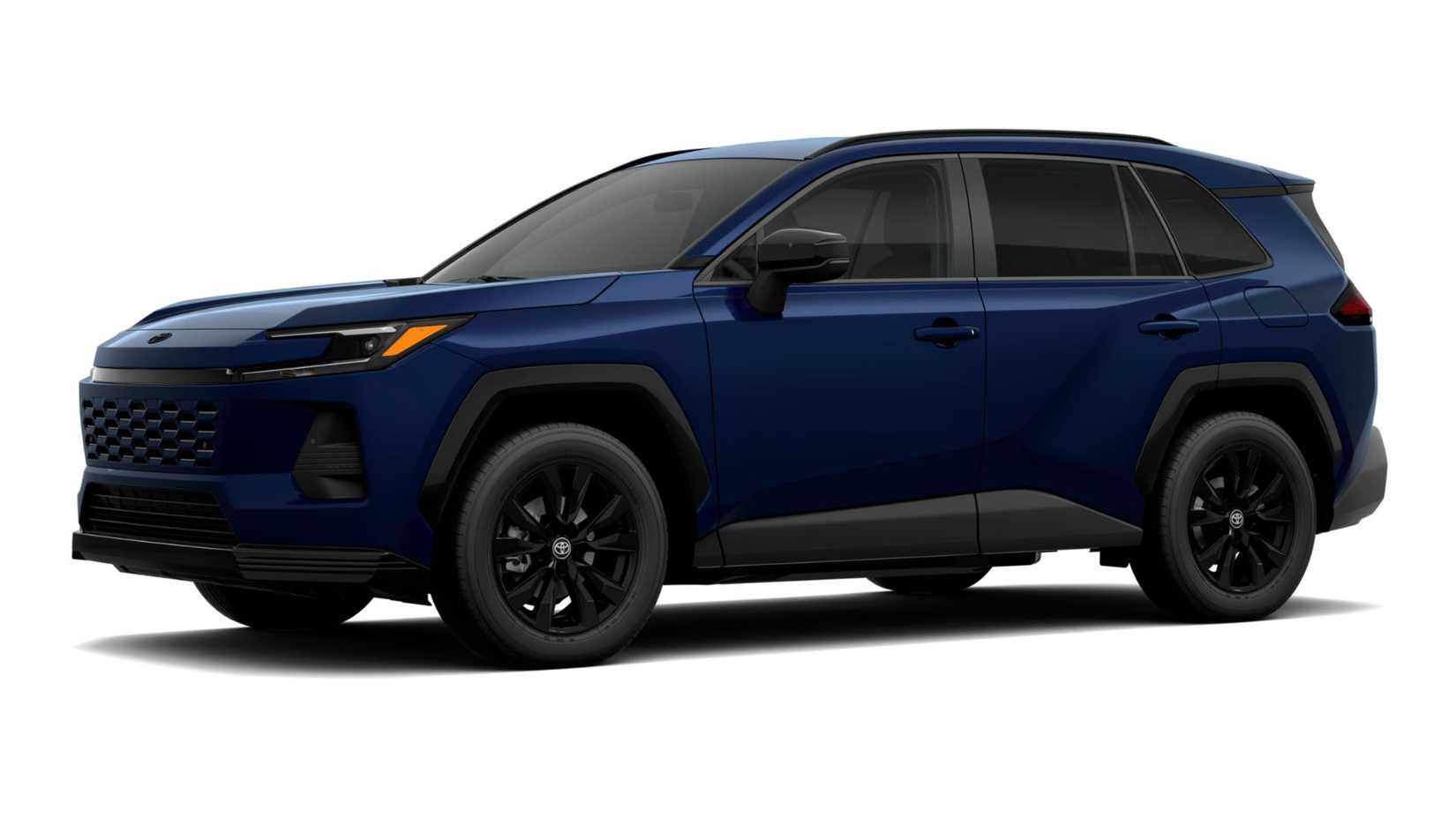 Plan statique 3/4 avant d'un Toyota RAV4 SE 2026 bleu.