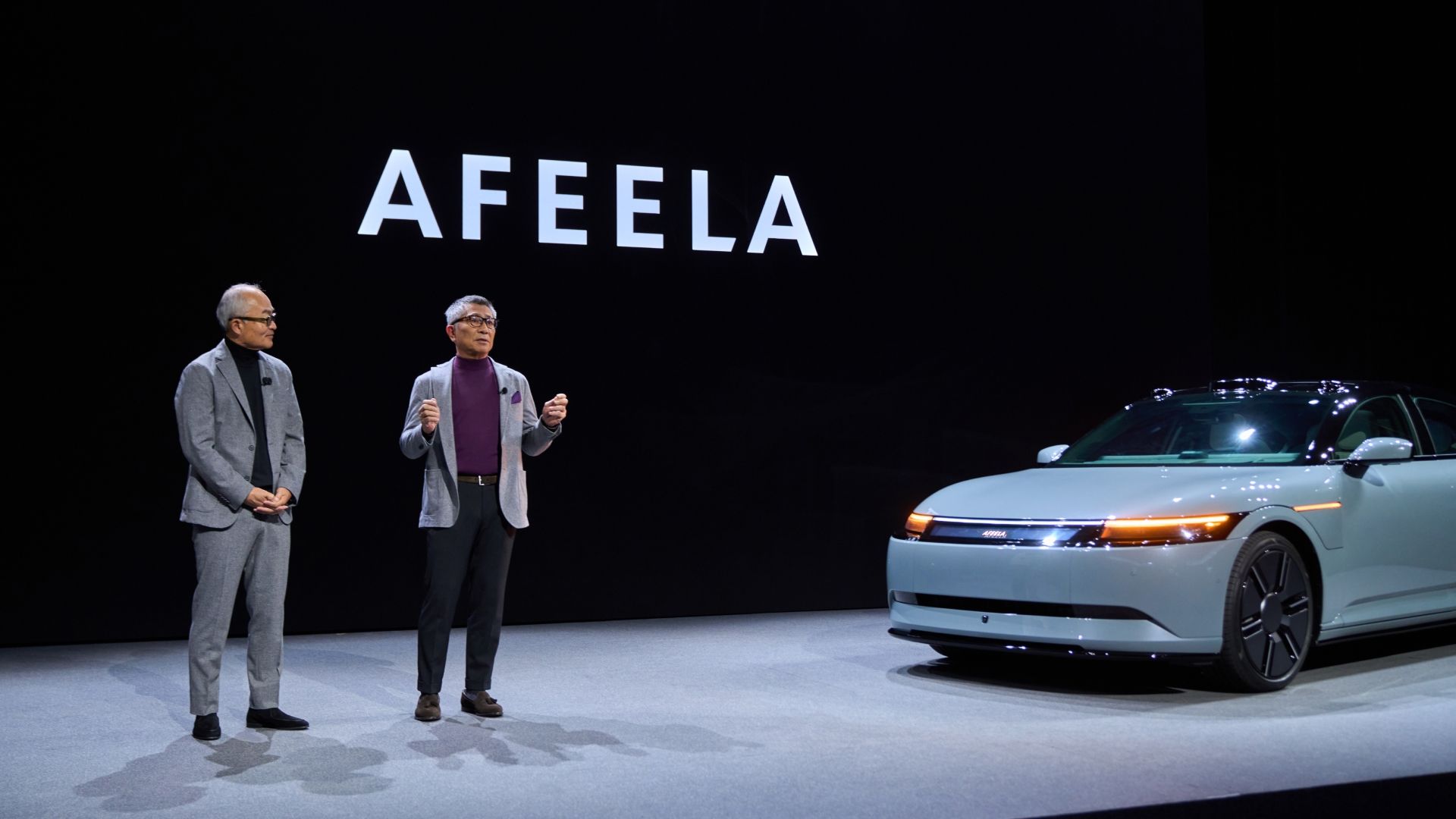 Shot of the Afeela 1 sedan on stage at CES 2025