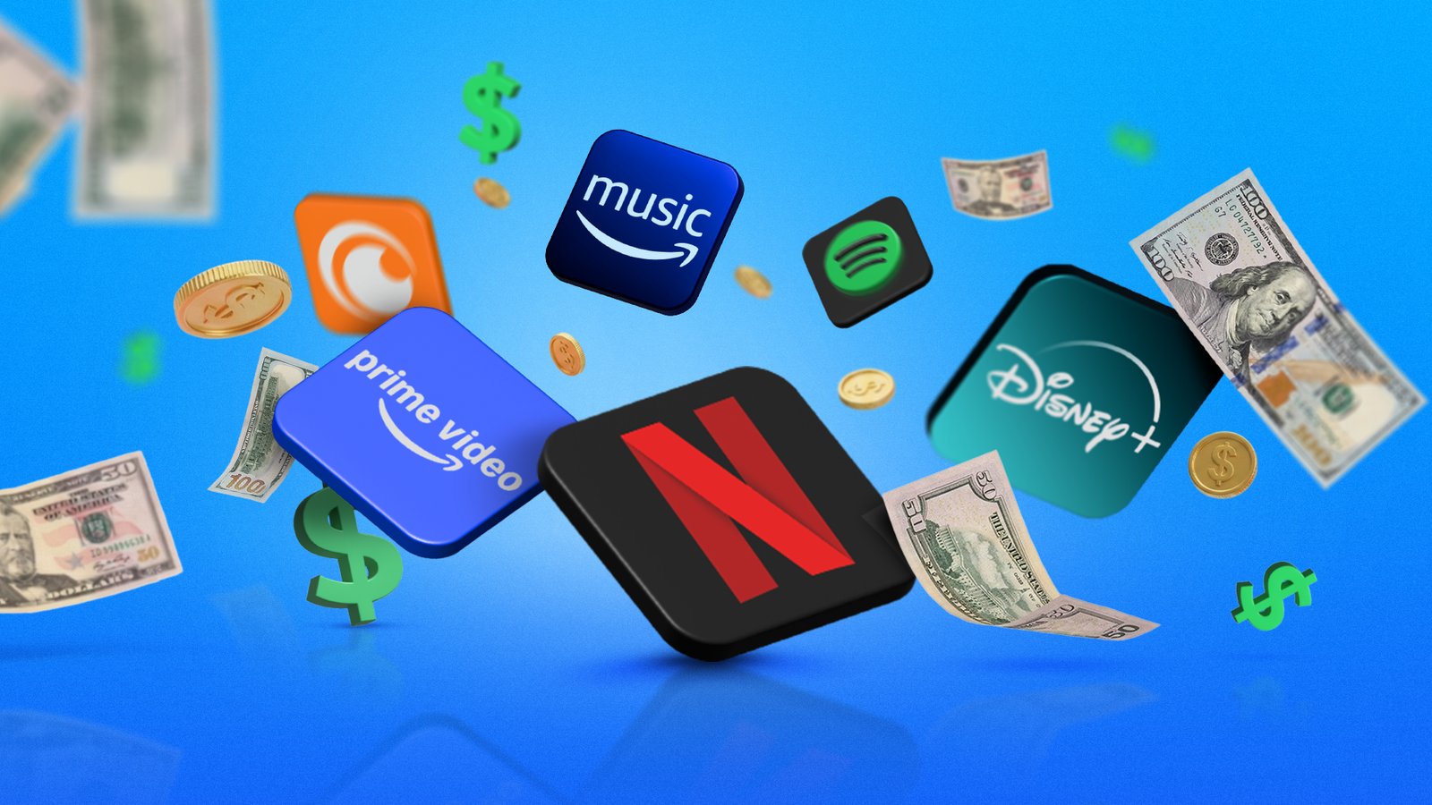 3D logos of Netflix, Disney Plus, Prime Video, Spotify, Crunchyroll, and Amazon Music, surrounded by cash and dollar bills on a bright blue background.