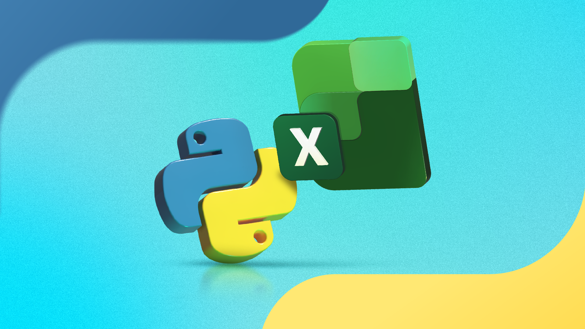3D logos of Python and Microsoft Excel side by side on a blue and yellow background.