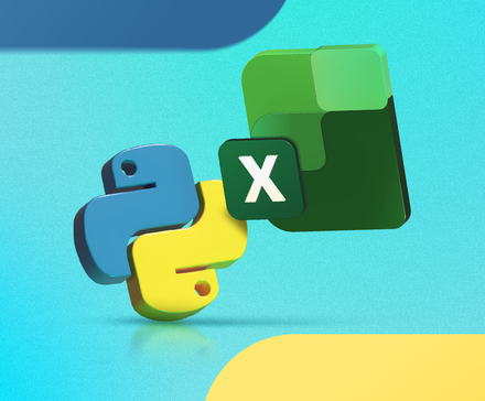 3D-логотипы Python и Microsoft Excel на синем и желтом фоне.