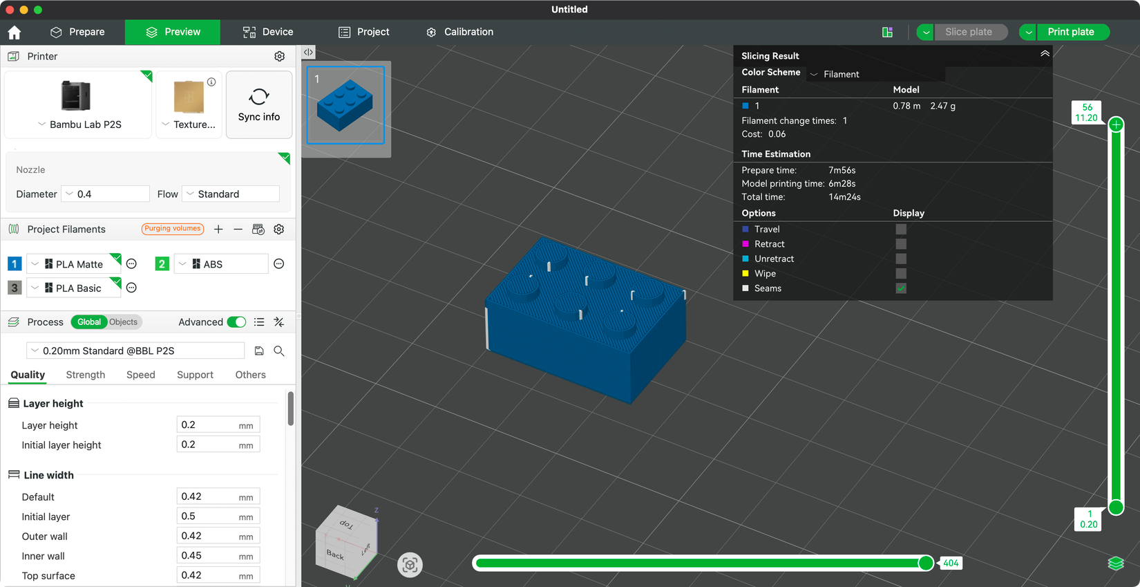 Sliced ​​3D printed LEGO model with Bambu Studio.