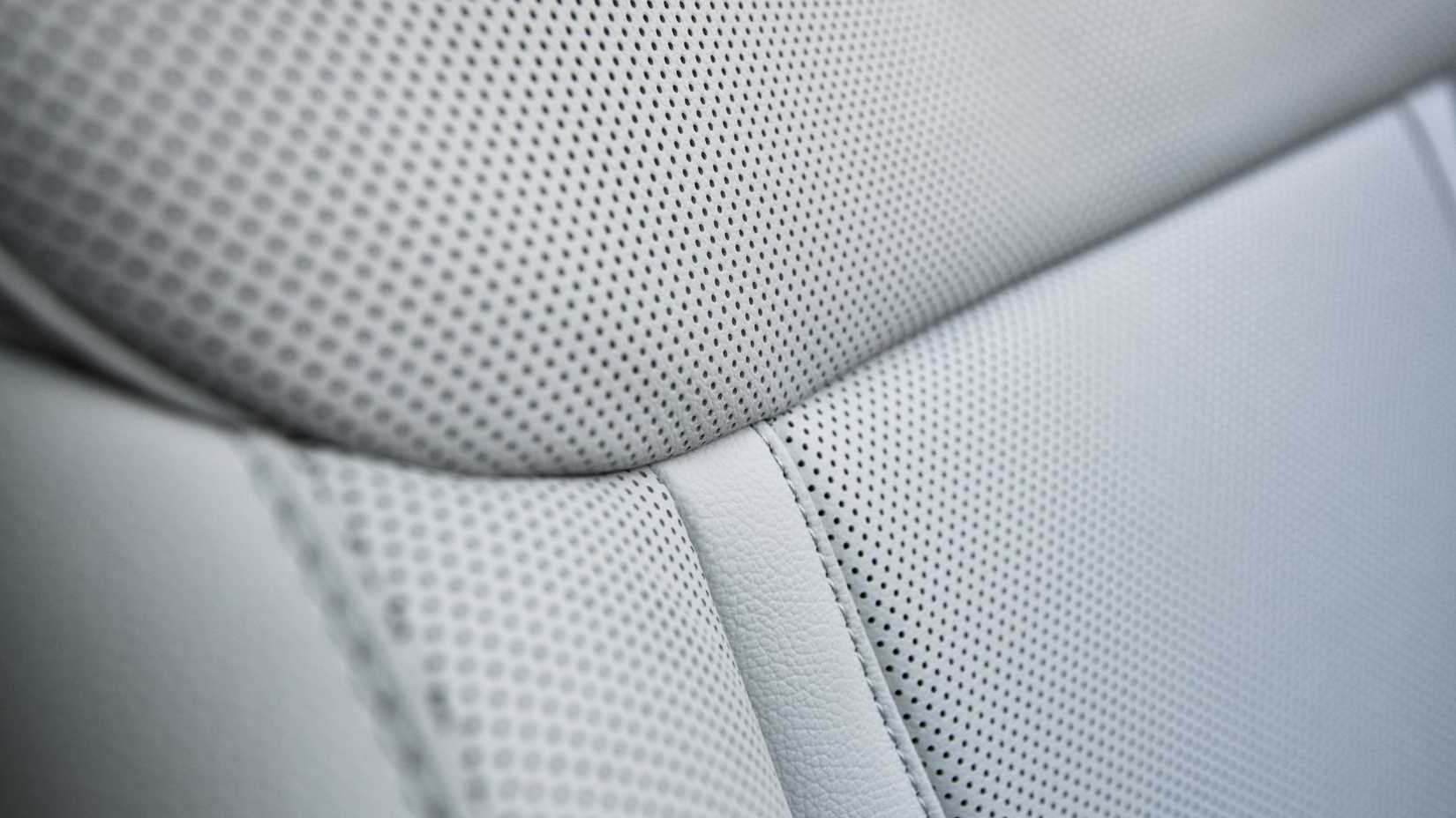 Close-up of the perforated leather interior of a 2026 Hyundai Tucson Hybrid.