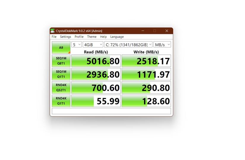 A CrystalDiskMark result for an NVMe SSD that's 72% full.