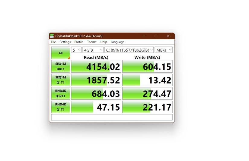 A CrystalDiskMark result for an NVMe SSD that's 89% full.