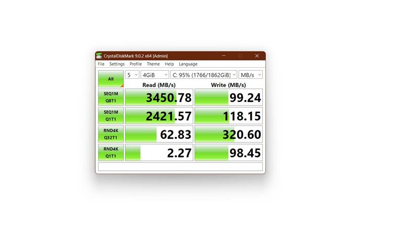 A CrystalDiskMark result for an NVMe SSD that's 95% full.