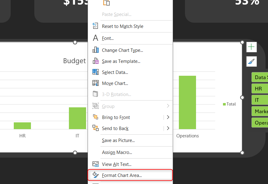 A chart in Excel is selected, and Format Chart Area in the right-click menu is highlighted.
