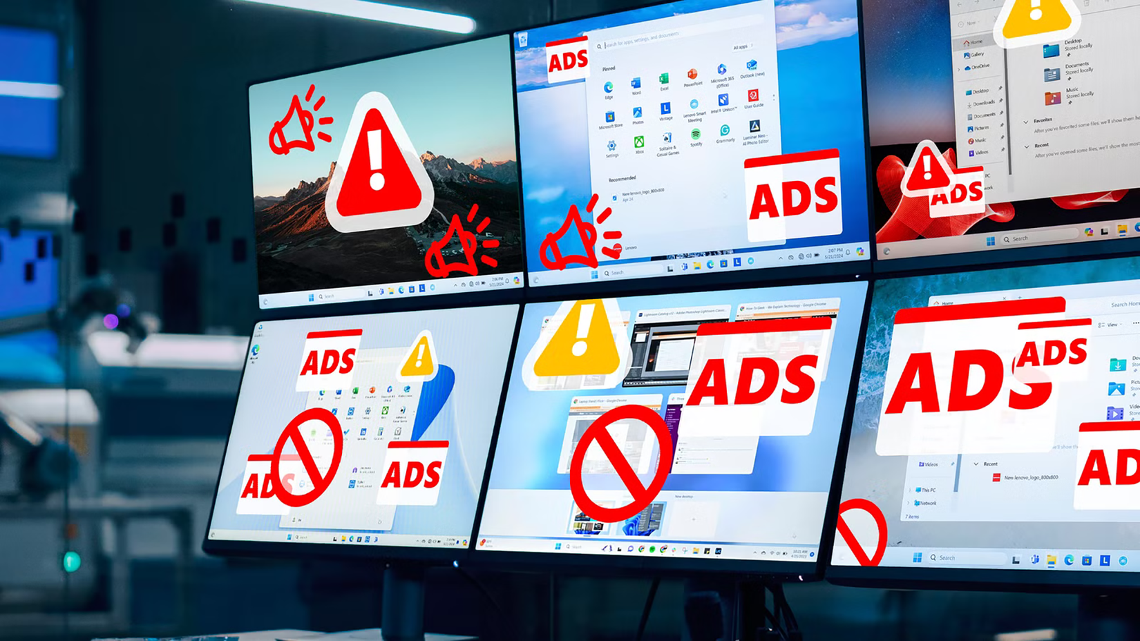 A control room monitoring multiple windows 11 screens with intrusive ads.