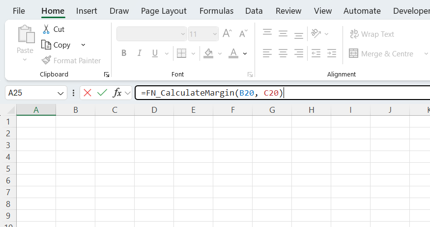 A custom LAMBDA formula in Excel named CalculateMargin.