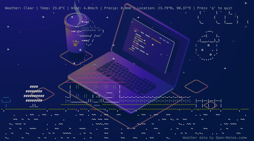 A first look at the weathr terminal app after installing on Windows.
