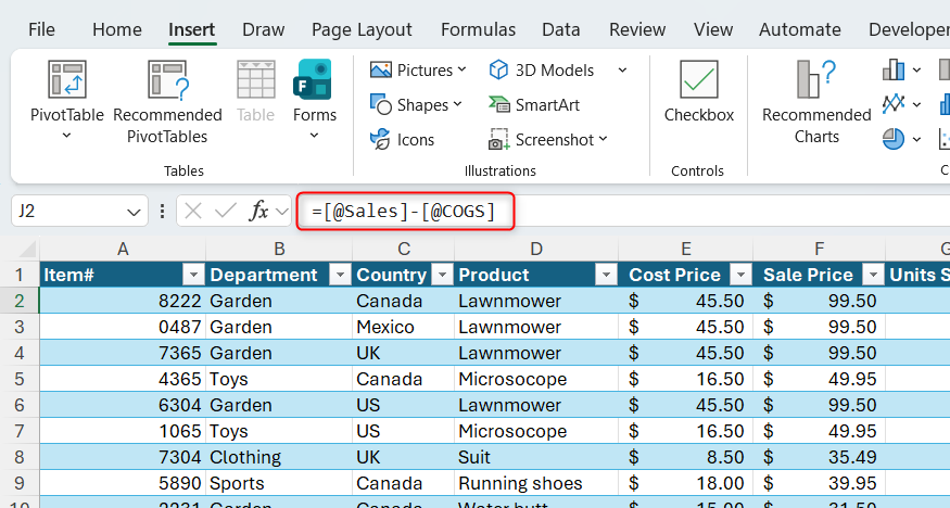 A formula containing structured references to a Sales column and a COGS column in Excel.
