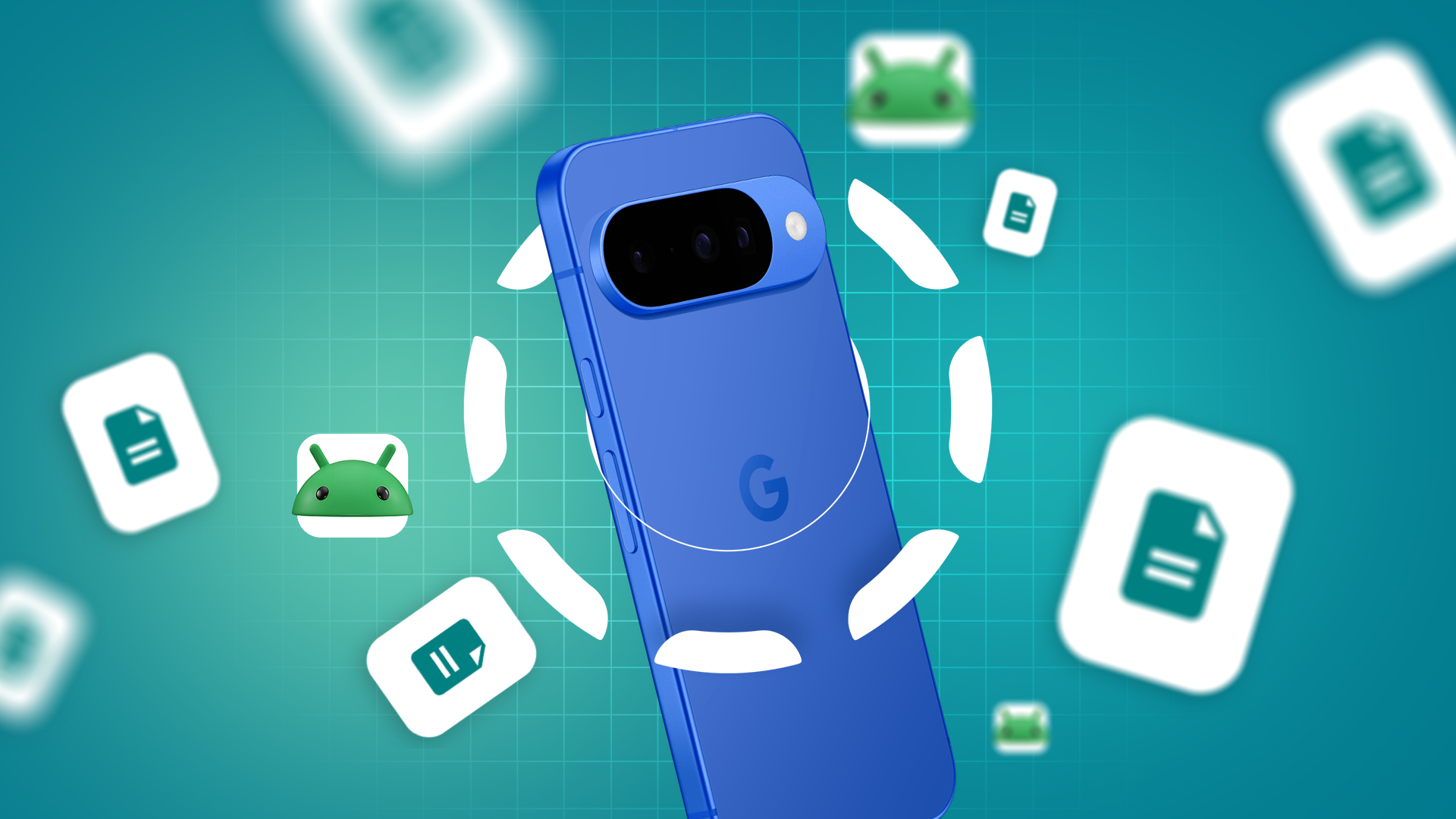 A Google Pixel phone surrounded by document icons and Android mascots, with the LocalSend logo in the background.