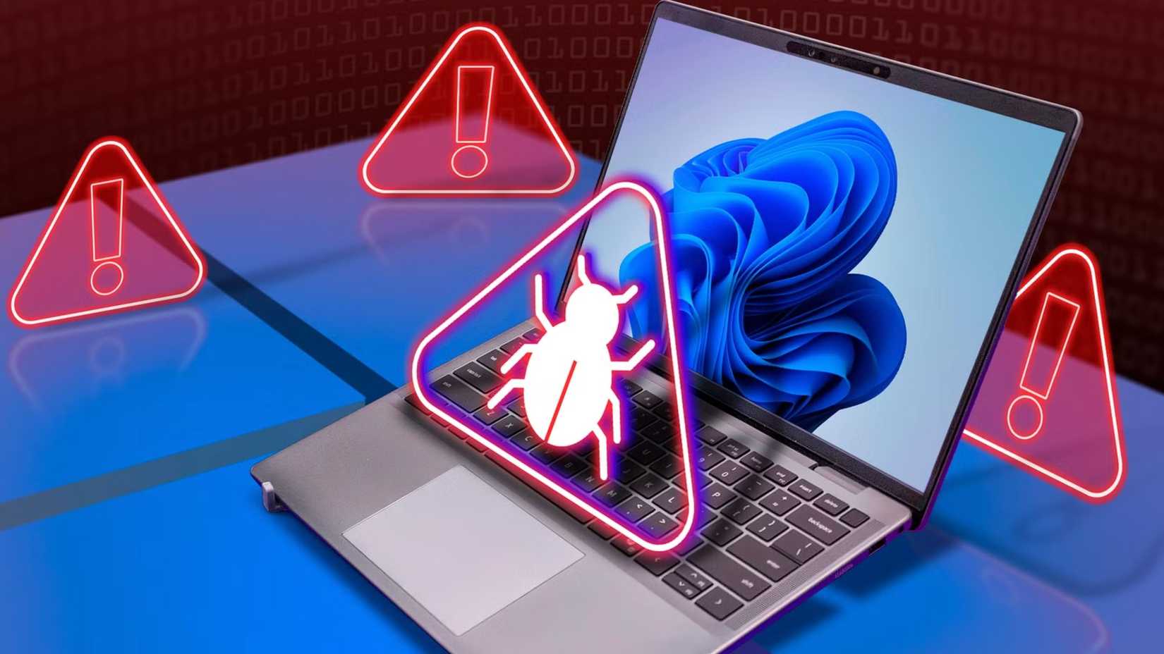 A laptop with Windows 11, a malware icon above the keyboard, and warning signs around it.
