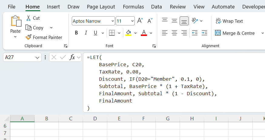 A LET formula in Excel tha names five variables to avoid repeating calcualtions.