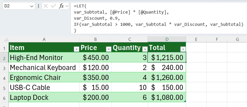 A LET formula in Excel that defines a subtotal, a discount value, and applies the discount to the subtotal if it is above 1000USD.