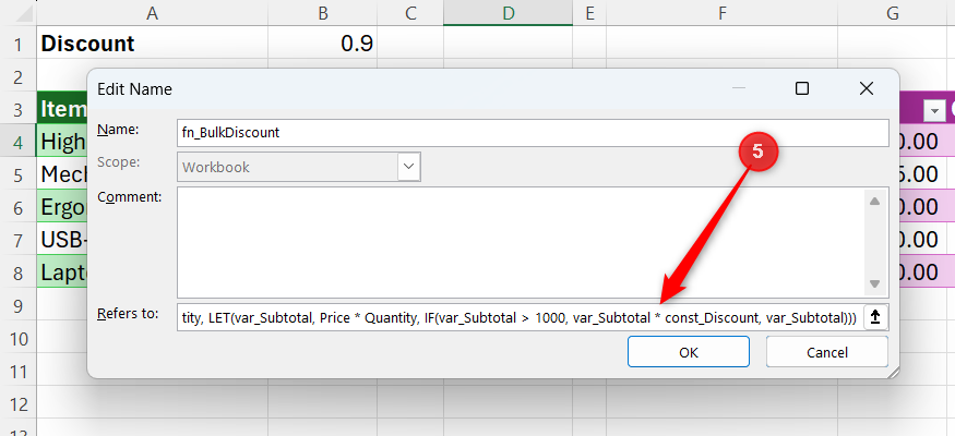 A LET formula is nested as the calculation argument of a LAMBDA formula in the Refers To field of Excel's Edit Name dialog.
