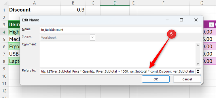 A LET formula is nested as the calculation argument of a LAMBDA formula in the Refers To field of Excel's Edit Name dialog.