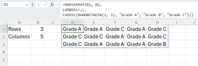 A MAKEARRAY formula in Excel that creates a test grid of randomized quality control grades (A, B, or C).