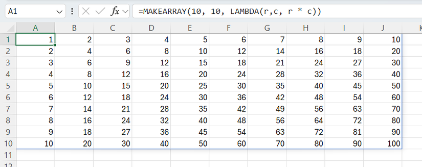 A MAKEARRAY formula in Excel that produces a 10x10 calculation grid.