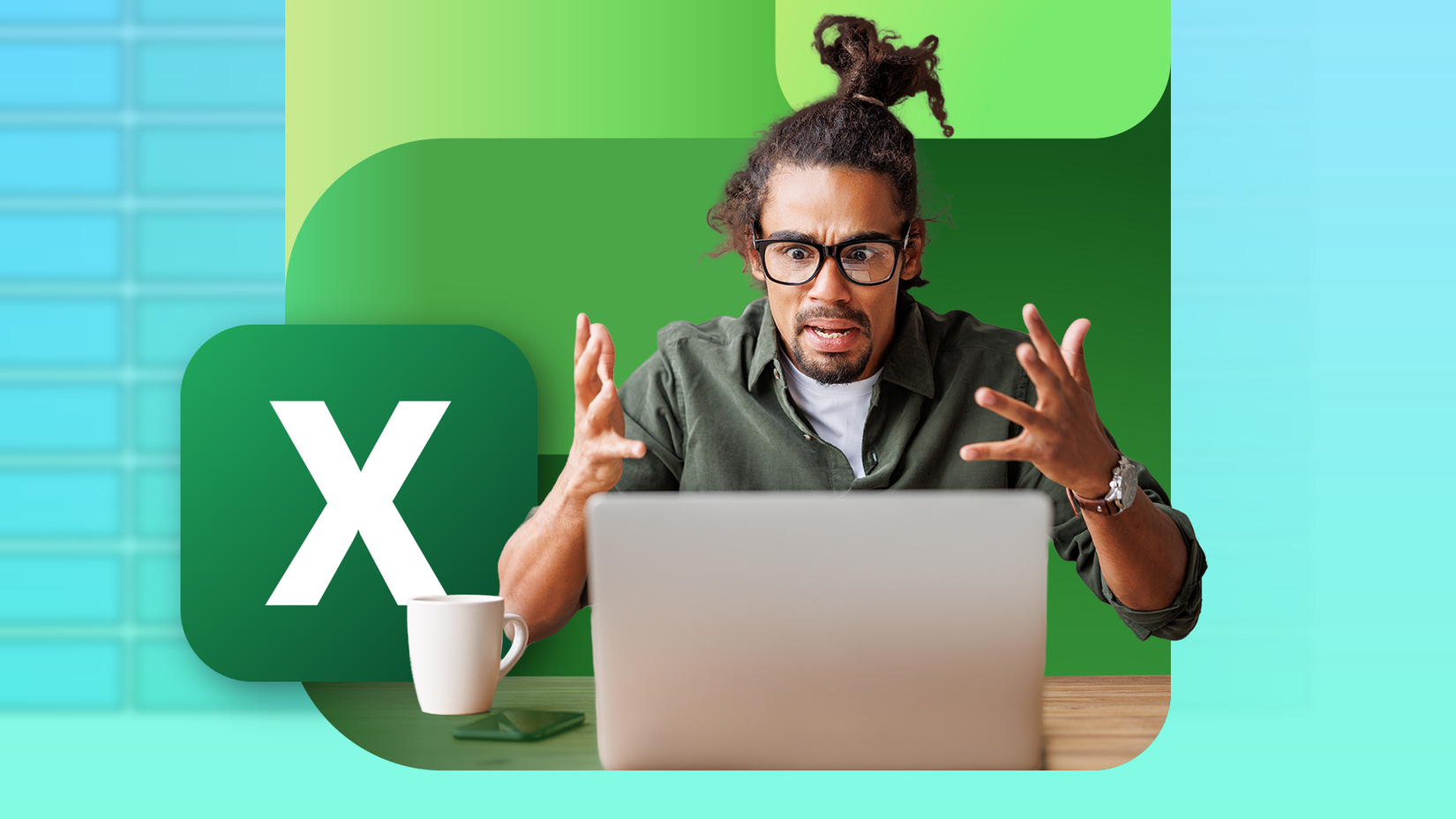 A man looking frustrated while holding a laptop with Excel.