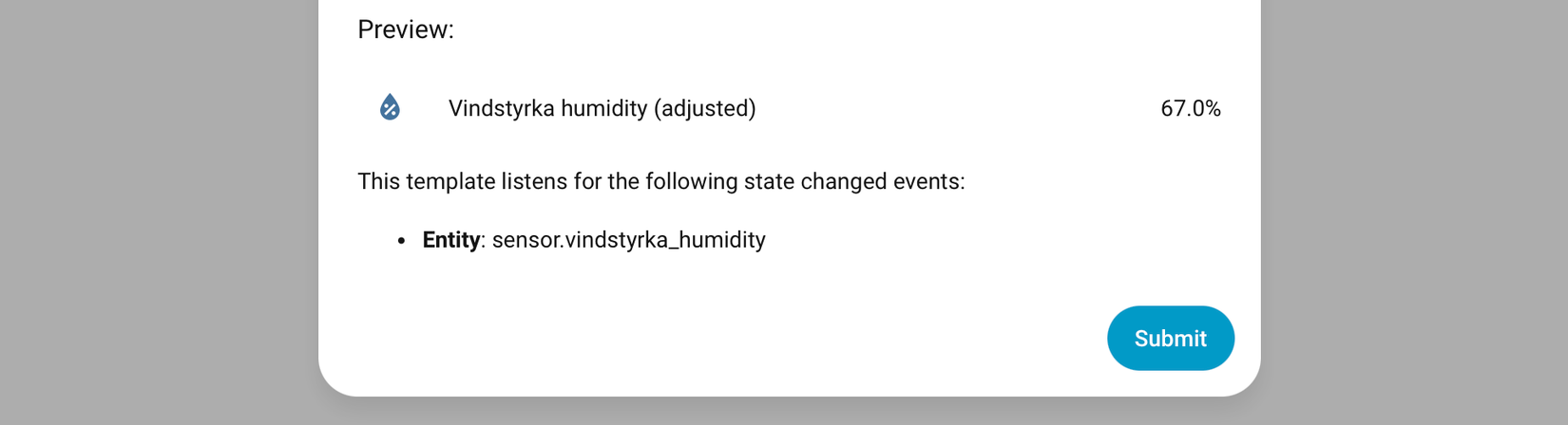 A preview of an adjusted humidity sensor in Home Assistant.