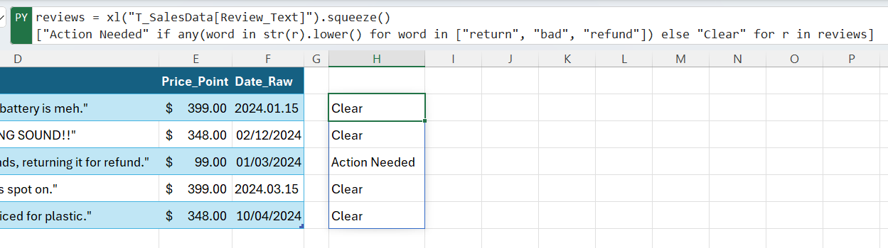 A Python code used in Excel to perform keyword sentiment analysis on a column of reviews.