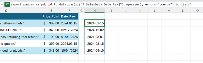 A Python code used in Excel to standardize a list of dates.