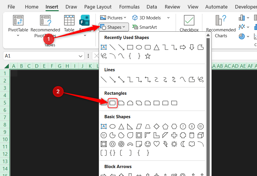 A rounded rectangle is added to Excel via the Shapes drop-down menu.