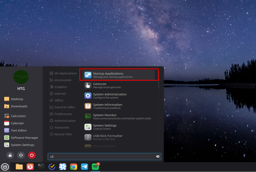 A screenshot showing how to access the startup application settings on Linux Mint