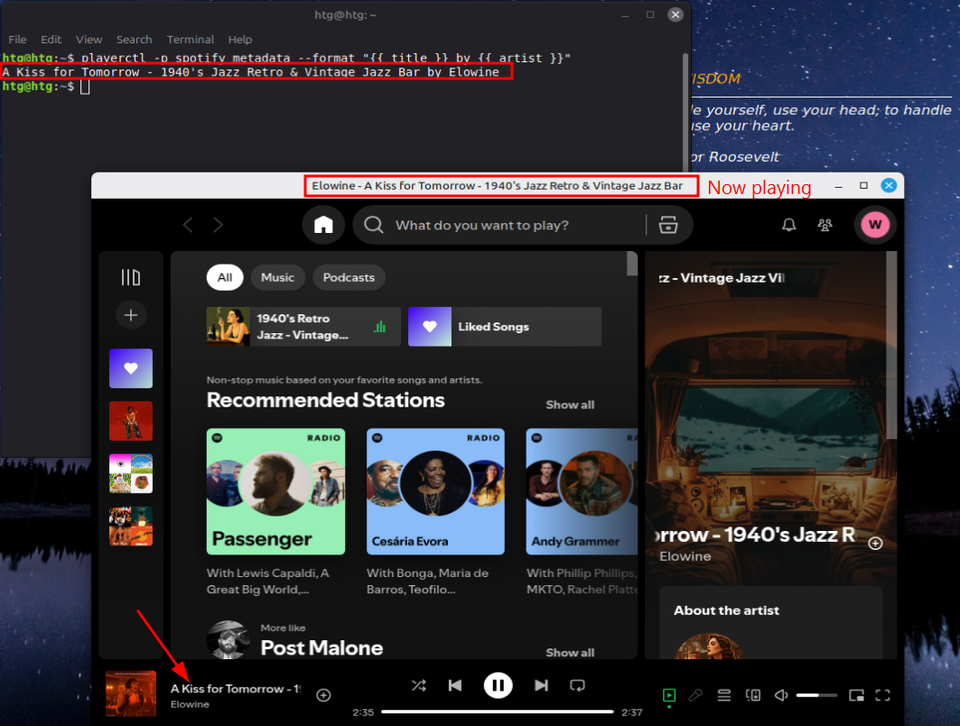Скриншот: как Playerctl выводит название текущего трека Spotify