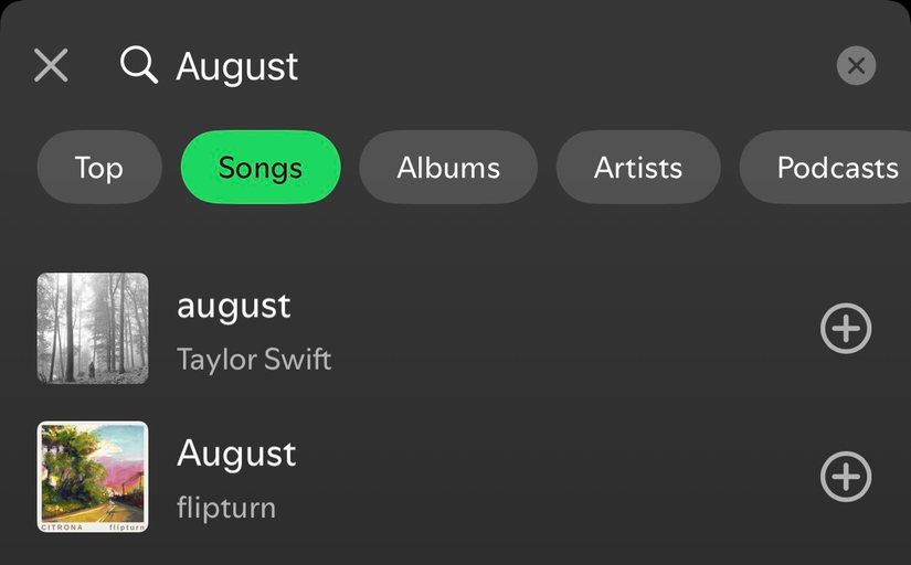 A search on Spotify for the word August with song title results that match.