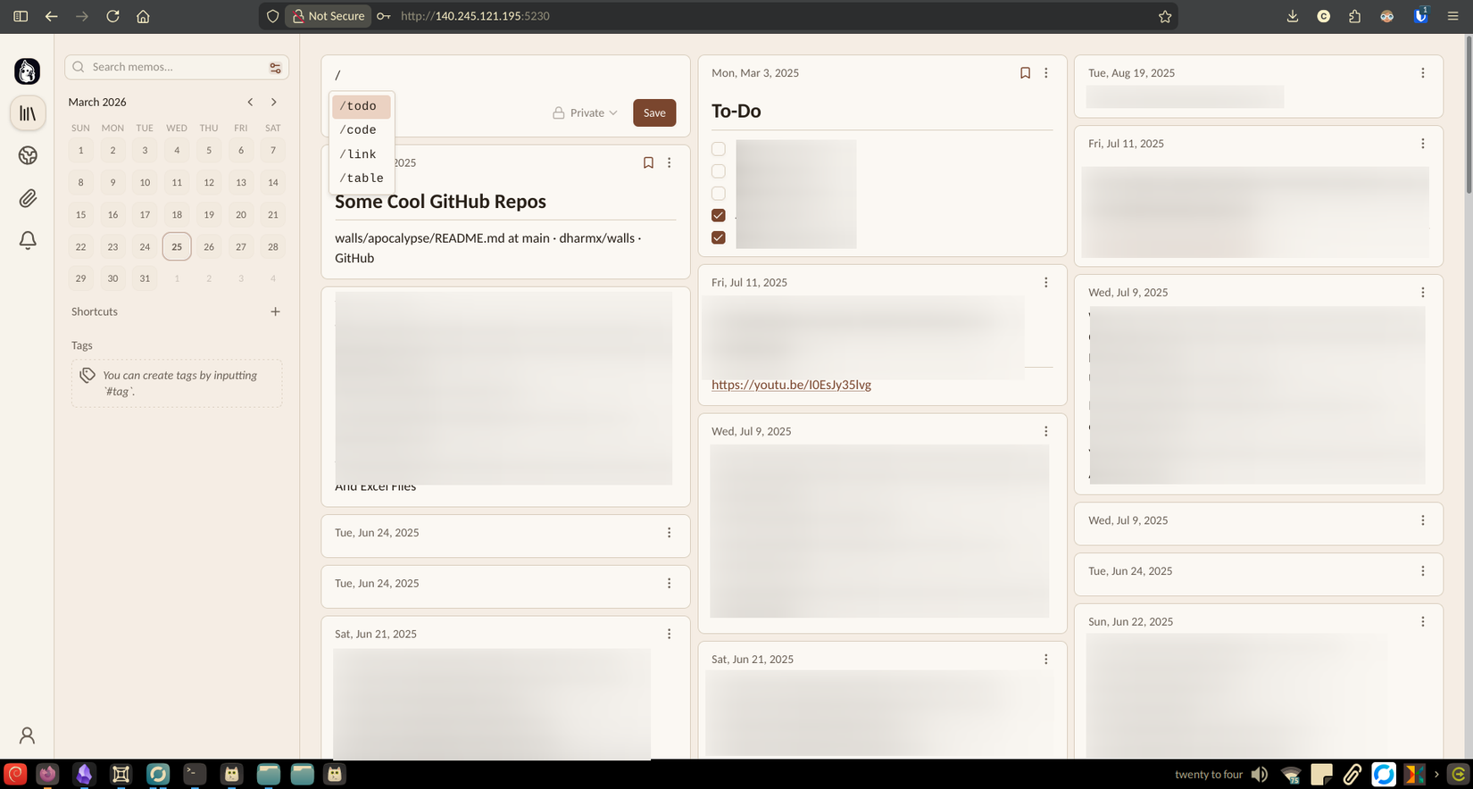 A self-hosted instance of Memos with quick capture actions.