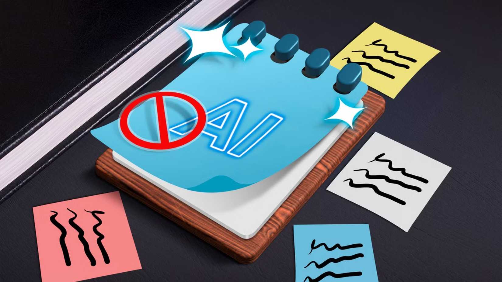 A surface with the Notepad logo and some notes around it.