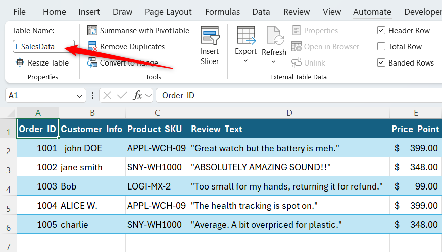 A table in Excel being renamed T_SalesData.