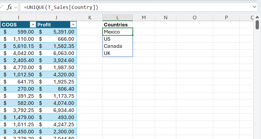 A UNIQUE formula in Excel that returns all the countries listed in the Country column of a T_Sales table.