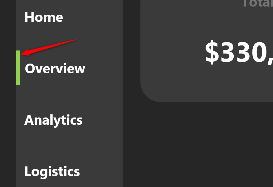 A vertical green sliver is added to a navigation menu in Excel to indicate the active page.