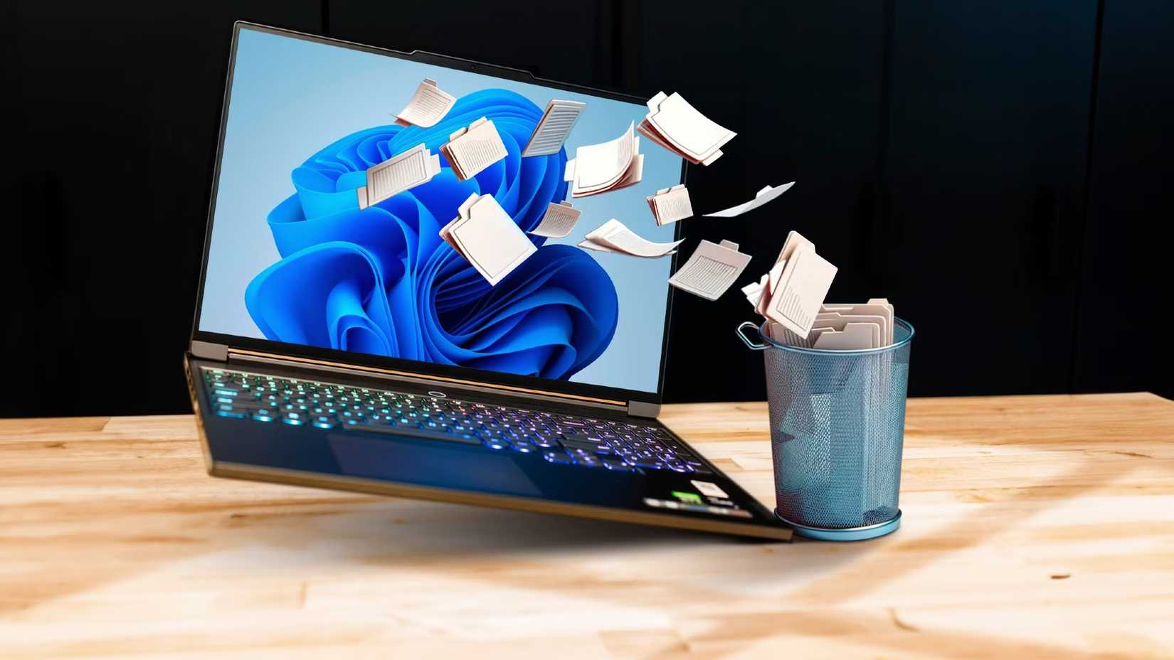 A windows 11 laptop with some files being dumped into a trash can.