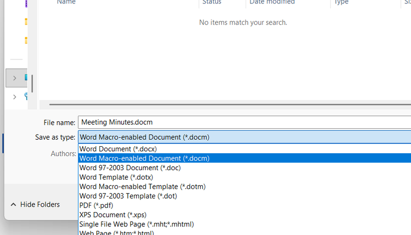 A Word document is named Meeting Minutes and saved as a Macro-enabled Document (.docm).