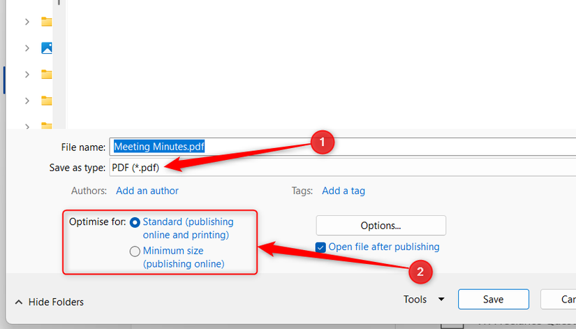 A Word document is named Meeting Minutes and saved as a PDF, and Standard is selected in the optimization settings.