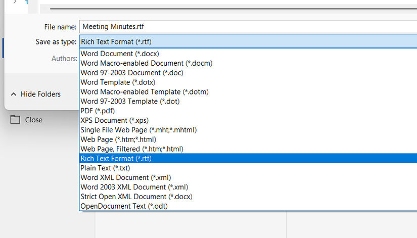 A Word document is named Meeting Minutes and saved as a Rich Text Format document (rtf).