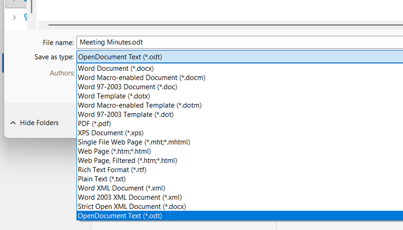 A Word document is named Meeting Minutes and saved as an OpenDocument Text file (odt).