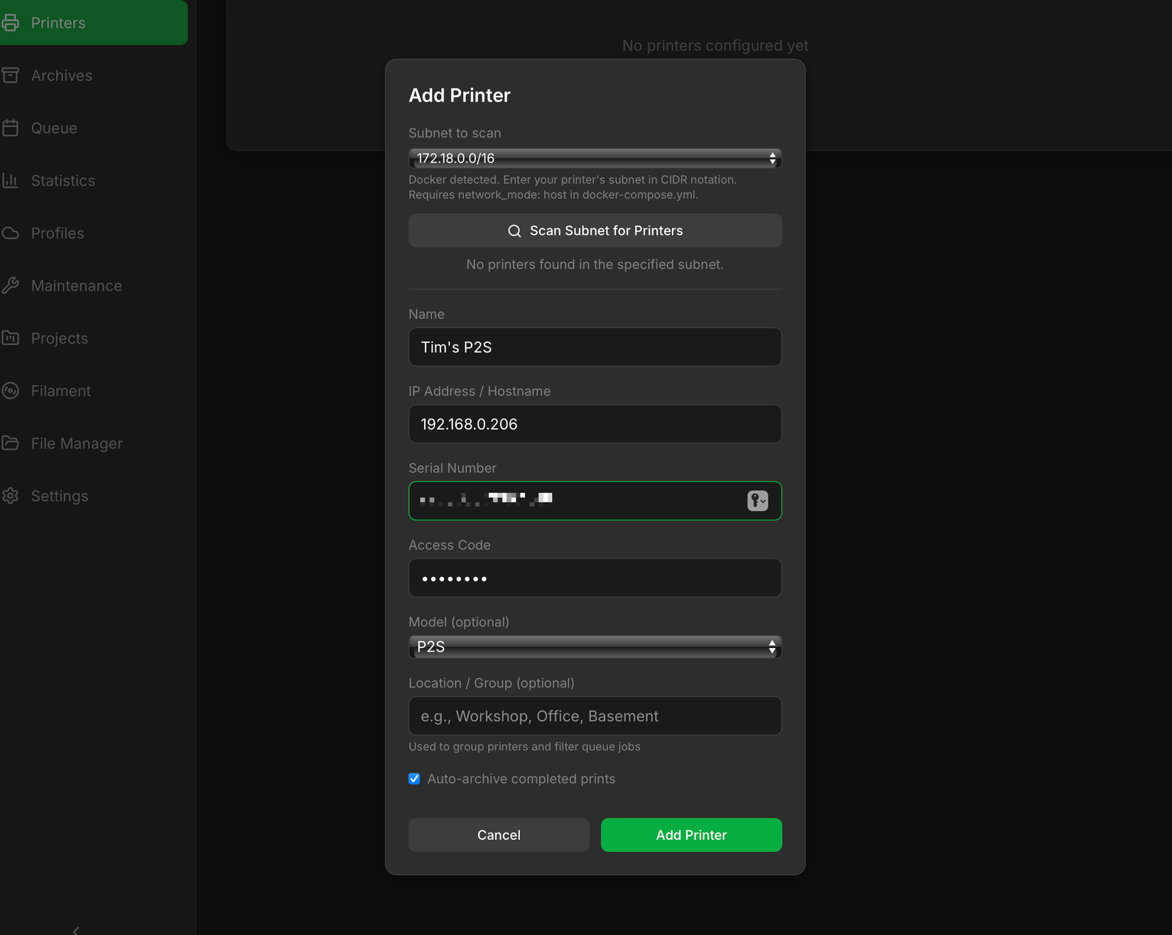 Adding a printer to Bambuddy.