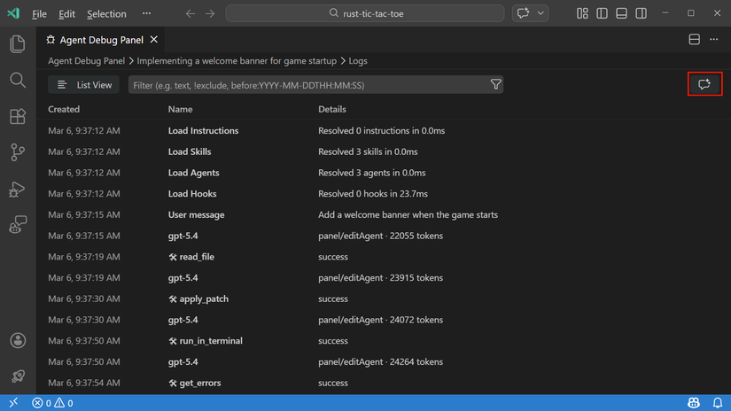 AI agent logs in Visual Studio Code