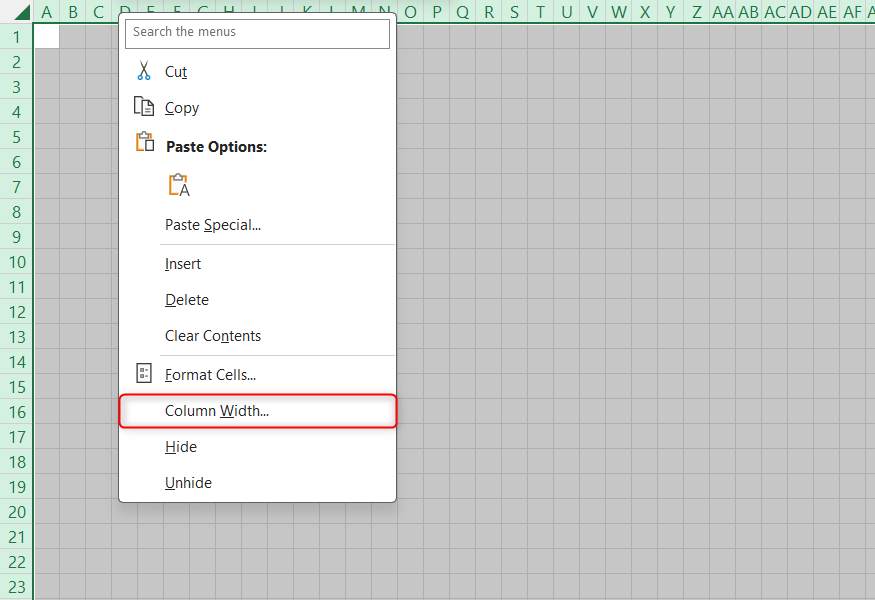 All cells in a blank Excel worksheet are selected, and Column Width is selected in the column right-click menu.